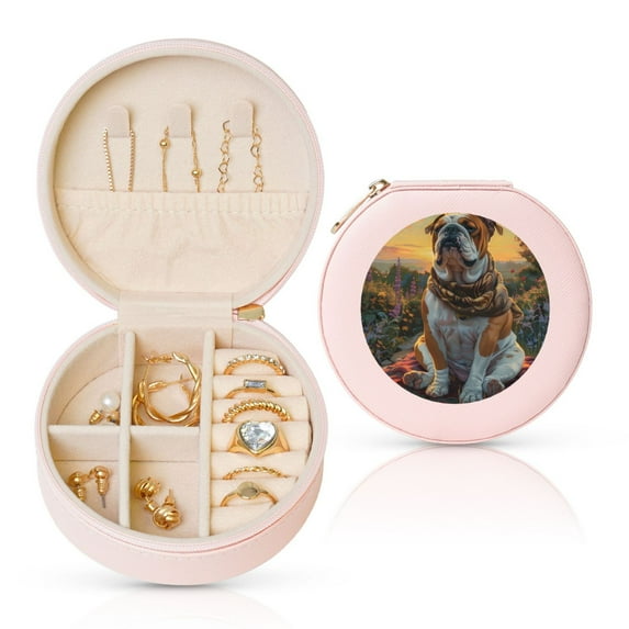 Yiaed Flower Field Cute Bulldog Print Travel Jewelry Case Bridesmaid Gift Boxes Jewelry Travel Organizer Small Round Jewelry Box Mini Storage-Pink