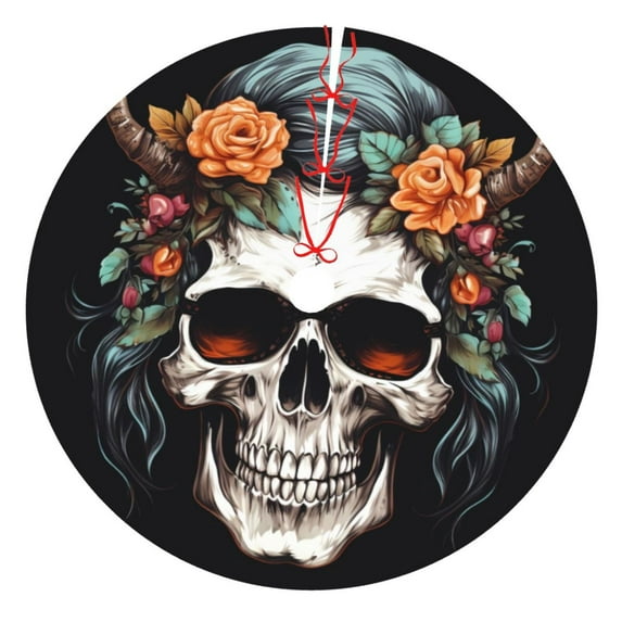 Yiaed Flower Horn Skull Print Christmas Tree Skirt , Tree SkirtsTree Mat for Christmas Winter Holiday Indoor Decorations-48"