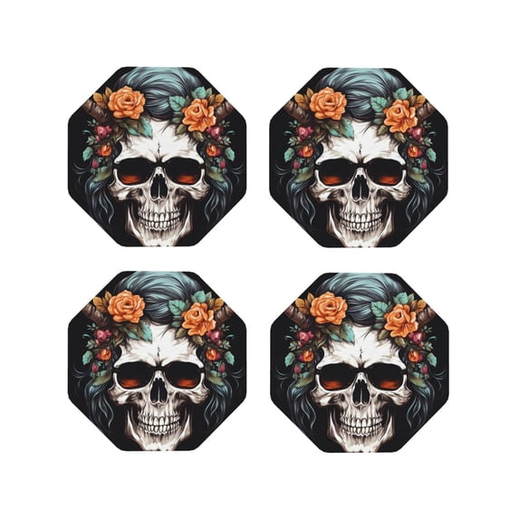 Yiaed Flower Horn Skull Print Leather Coasters for Drinks - Cup Coasters Coffee Table Kitchen Table Bar, Home & Office Gifts Handmade Drink Coasters-Octagon