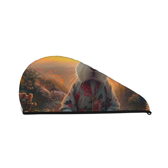 Yiaed Flower Meditating Rabbit Print Hair Cap with Button,Coral Fleece Hair Towel Wrap for Women Wet Hair,Quick Dry Turban for Wet Hair Long Thick Hair