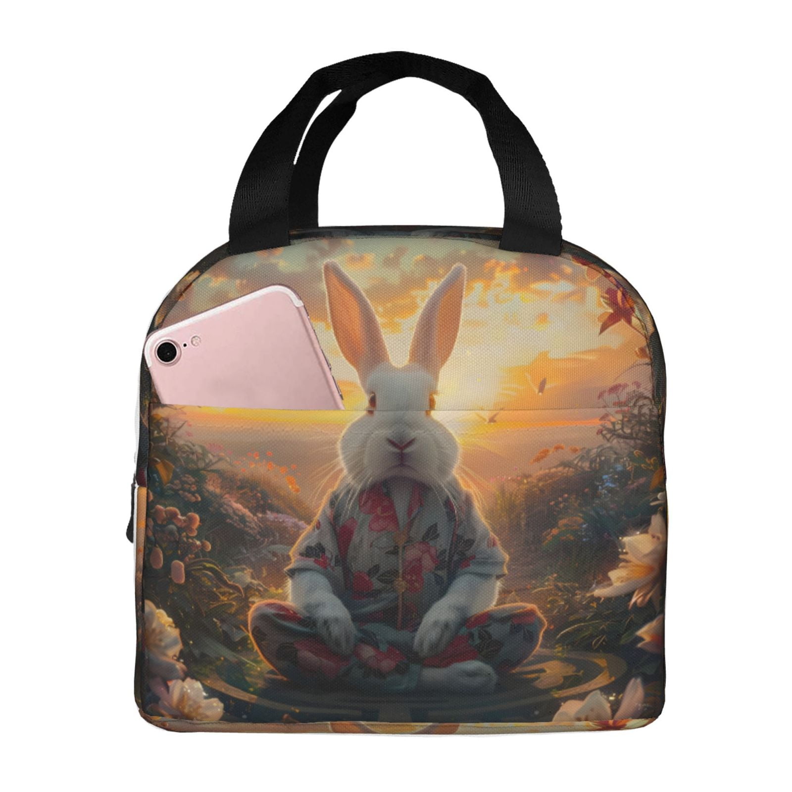Yiaed Flower Meditating Rabbit Print Insulated Lunch Bag Reusable Cute ...