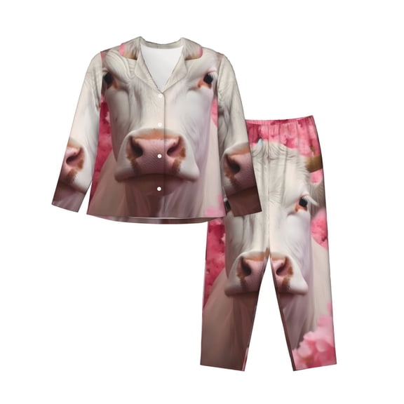 Yiaed Flower White Cow Print Pajamas Women's Long Sleeve Sleepwear Soft Button Down Loungewear Pjs Lounge Set Nightwear Womens Pajama Pants-XX-Large