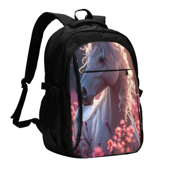 Yiaed Flower White Horse Print Laptop Backpack,Business Travel Durable Laptops Backpack with USB Charging Port,Water Resistant College Computer Bag