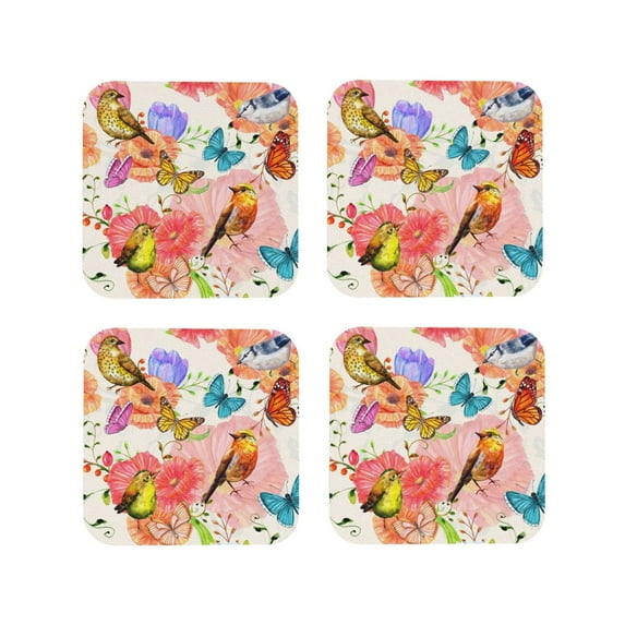 Yiaed Flowers And Birds Watercolor Print Leather Coasters for Drinks - Cup Coasters Coffee Table Kitchen Table Bar, Home & Office Gifts Handmade Drink Coasters-Square