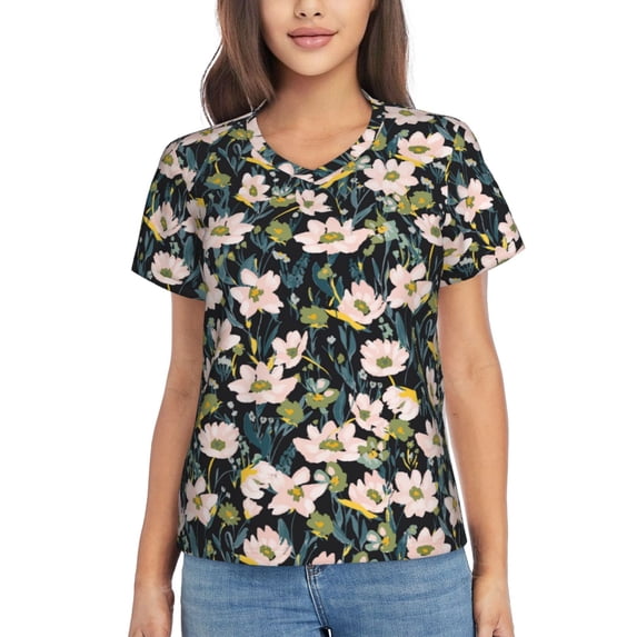 Yiaed Flowers Print Women's T Shirt V-Neck Short Sleeve Shirt Casual Breathable Tee Summer Tops-XX-Large