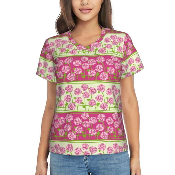 Yiaed Flowers Print Women's T Shirt V-Neck Short Sleeve Shirt Casual Breathable Tee Summer Tops-XX-Large