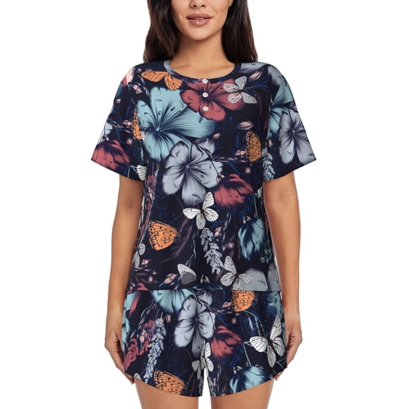 Yiaed Flowers ad Butterflies Print Short Sleeve Pajama Sets for Women Casual Crew Neck 2 Piece Lounge Sets Women's Short-Sleeved Pajama-Large