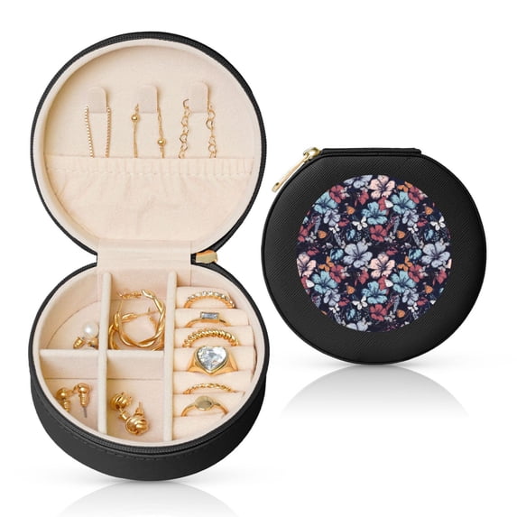 Yiaed Flowers ad Butterflies Print Travel Jewelry Case Bridesmaid Gift Boxes Jewelry Travel Organizer Small Round Jewelry Box Mini Storage-Black