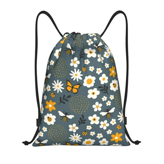 Yiaed Flowers and Bee Print Drawstring Bags Drawstring Backpack Bulk String Back Pack Gym Sport Bag-Medium