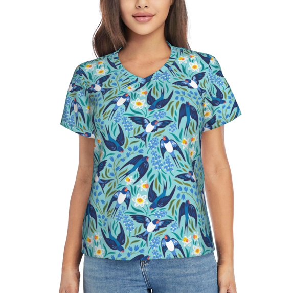 Yiaed Flying Swallows Print Women's T Shirt V-Neck Short Sleeve Shirt Casual Breathable Tee Summer Tops-Large