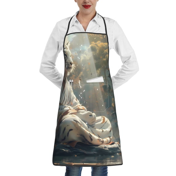 Yiaed Forest Meditating White Tiger Print Kitchen Apron with Hand Wipe Pockets,Big Pocket,Aprons for Women with Pockets, Waterproof for Cooking Baking