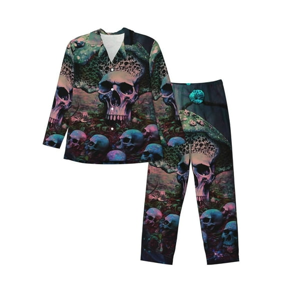 Yiaed Forest Mushroom Skull Print Men’s Pajamas Set - Long Sleeve Button Down Sleep Shirt and Pajama Bottoms Sleepwear Set Mens Pjs Sets Men's Pajama Bottoms-X-Large