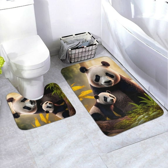Yiaed Forest Panda Print Bathroom Mat Set 2 Pieces Mat Anti-Skid Pad Ultra Soft and Absorbent Bathroom Bath Mat Contour Bath Rugs for Toilet Base