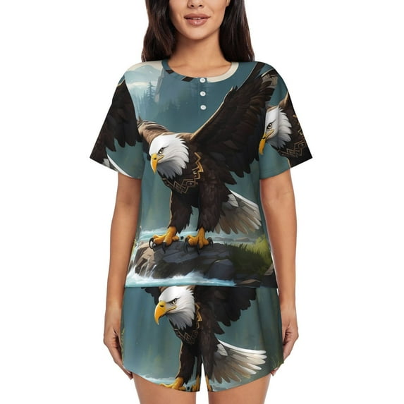 Yiaed Forest River Bald Eagle Print Short Sleeve Pajama Sets for Women Casual Crew Neck 2 Piece Lounge Sets Women's Short-Sleeved Pajama-Large