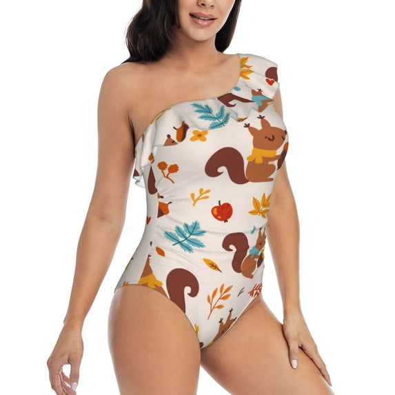 Yiaed Forest Squirrel Nuts Print Women One Piece Swimsuits Tummy Control One Shoulder Bathing Suits Pattern Ruffle Swimwear-X-Large