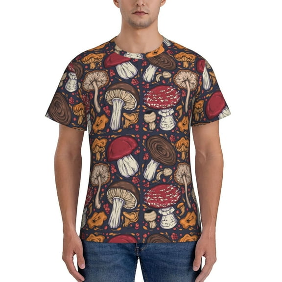 Yiaed Forest Wild Mushroom Print Mens Short Sleeve Tight Fit T-Shirt, Crewneck Casual Tee-X-Large