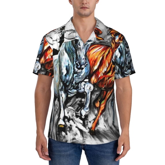 Yiaed Four Running Horses Print Hawaiian Shirt for Men Short Sleeve Button Down Shirts Beach Shirts for Men-Small
