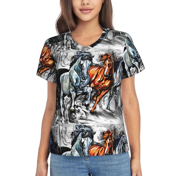Yiaed Four Running Horses Print Women's T Shirt V-Neck Short Sleeve Shirt Casual Breathable Tee Summer Tops-X-Large