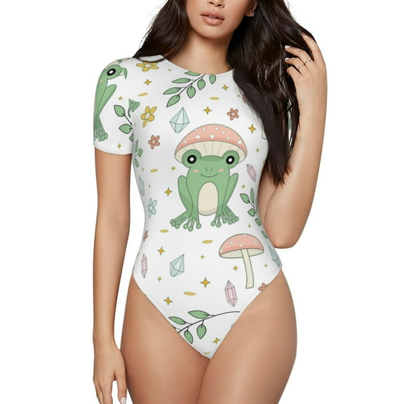Yiaed Frog and Mushrooms Print Women's Waist-Cinching Short-Sleeved Onesie,Elastic Onesiet,Snaps At Bottom,Easy To Put On And Take Off for Wome Bodysuit -Small