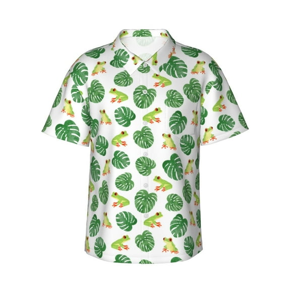 Yiaed Frogs And Tropical Leaves Print Hawaiian Shirt for Men Short Sleeve Button Down Shirts Beach Shirts for Men,3X-Large