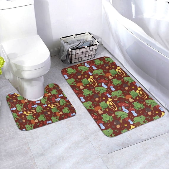 Yiaed Frogs and Mushrooms Print Bathroom Mat Set 2 Pieces Mat Anti-Skid Pad Ultra Soft and Absorbent Bathroom Bath Mat Contour Bath Rugs for Toilet Base