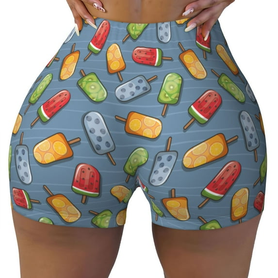 Yiaed Fruit Ice Cream Print Women's Athletic Shorts Running Shorts Sporty Short High Waisted Elastic Workout Shorts for Yoga Gym Running & Sports -X-Large