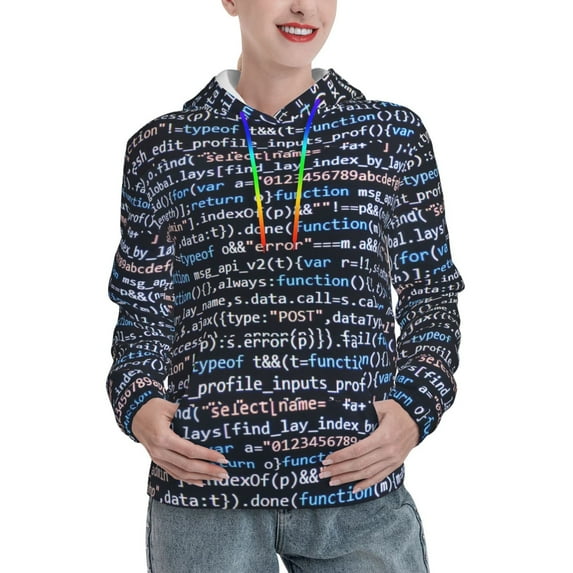Yiaed Function Source Code Print Womens Casual Hoodies Crew Neck Long Sleeve Sweatshirts With Pocket Pullover Tops Women's Hooded Sweatshirt-Medium