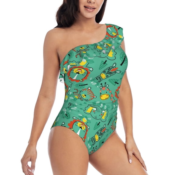 Yiaed Funny Animals in Jungle Print Women One Piece Swimsuits Tummy Control One Shoulder Bathing Suits Pattern Ruffle Swimwear-Small