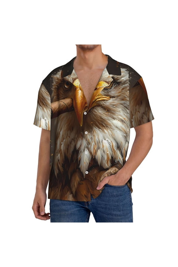 Funny Bald Eagle Print Mens Casual Wrinkle Free Shirts Short Sleeve Button Down Summer Stretch Dress Shirt-3X-Large