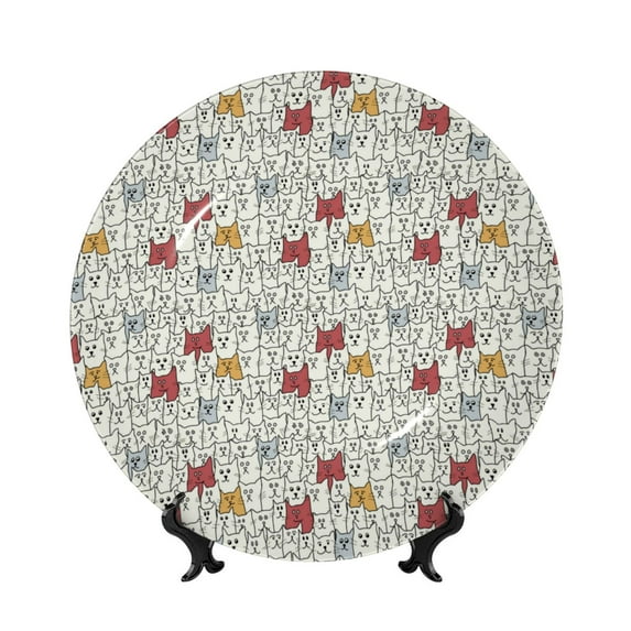 Yiaed Funny Cat White Print Bone China Decorative Plate Ceramic Dinner Plates Art Crafts with Display Stand-10in