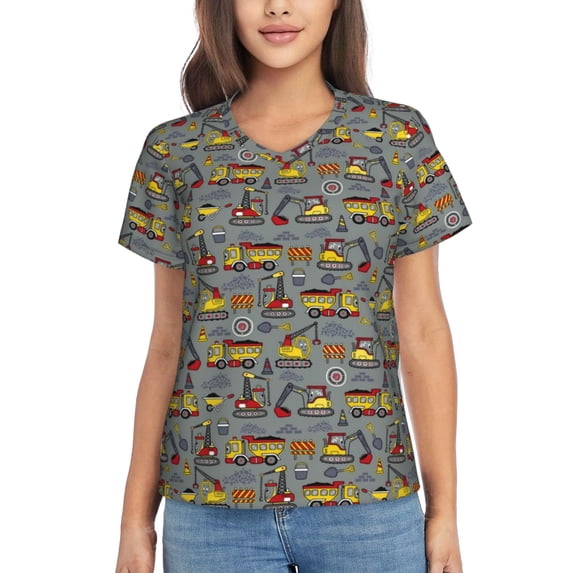 Yiaed Funny Construction Print Women's T Shirt V-Neck Short Sleeve Shirt Casual Breathable Tee Summer Tops-XX-Large