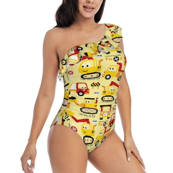 Yiaed Funny Construction Vehicles Print Women One Piece Swimsuits Tummy Control One Shoulder Bathing Suits Pattern Ruffle Swimwear-XX-Large