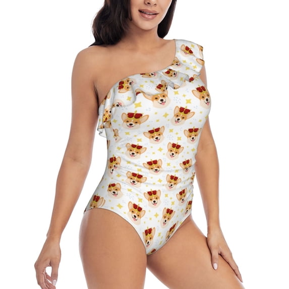 Yiaed Funny Corgi Print Women One Piece Swimsuits Tummy Control One Shoulder Bathing Suits Pattern Ruffle Swimwear-Large