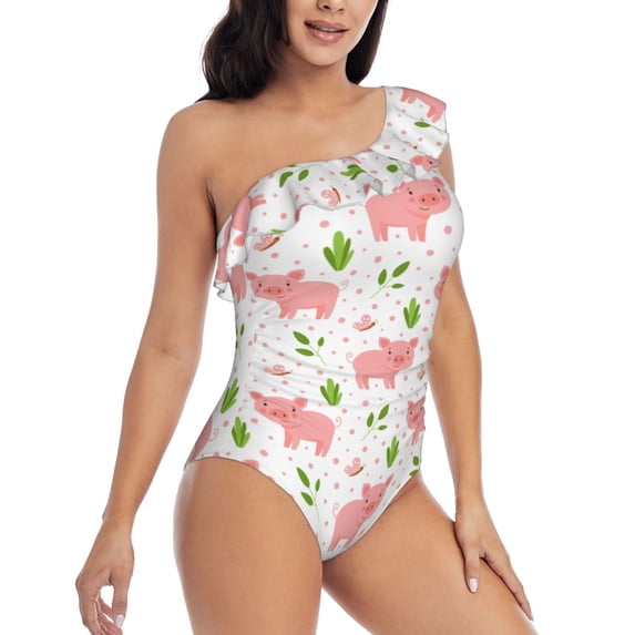 Yiaed Funny Little Pigs Print Women One Piece Swimsuits Tummy Control One Shoulder Bathing Suits Pattern Ruffle Swimwear-Large