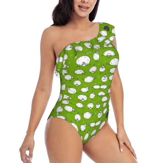 Yiaed Funny Sheep Doing Yoga Print Women One Piece Swimsuits Tummy Control One Shoulder Bathing Suits Pattern Ruffle Swimwear-Small