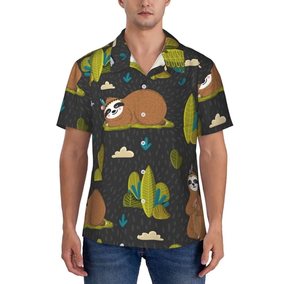 Yiaed Funny Sloths In The Forest Print Hawaiian Shirt for Men Short Sleeve Button Down Shirts Beach Shirts for Men-Small