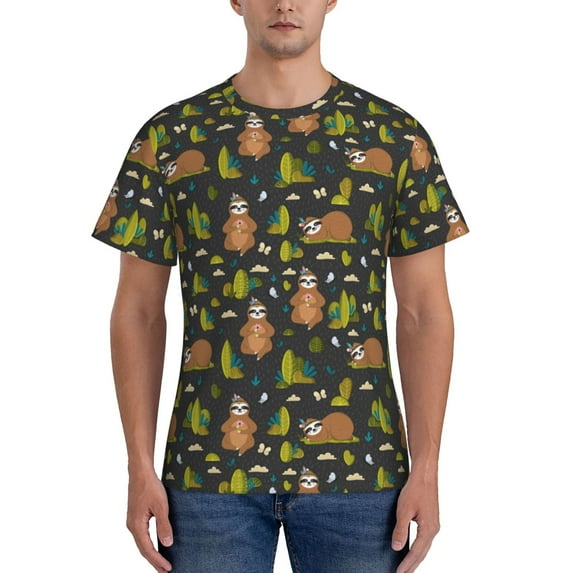 Yiaed Funny Sloths In The Forest Print Mens Short Sleeve Tight Fit T-Shirt, Crewneck Casual Tee-Small