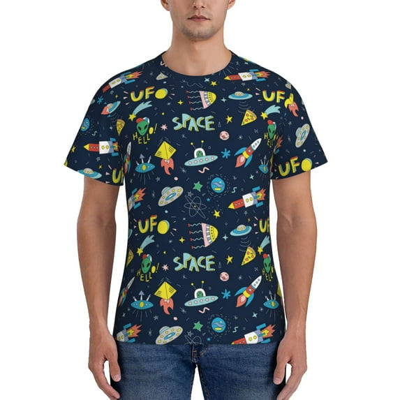 Yiaed Funny Spaceships Print Mens Short Sleeve Tight Fit T-Shirt, Crewneck Casual Tee-X-Large