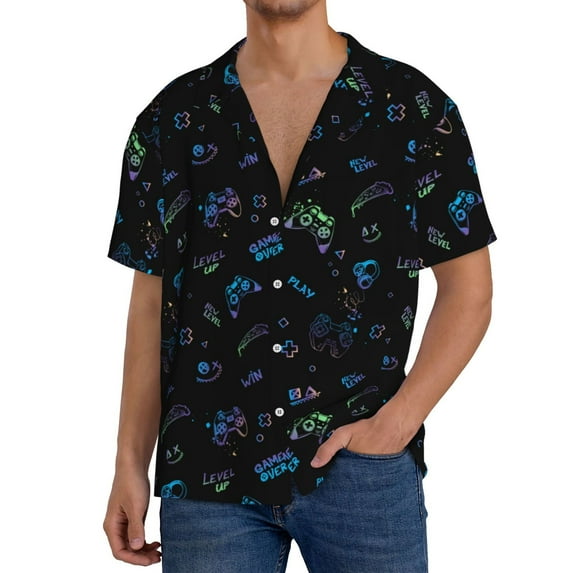 Yiaed Gamepads Print Mens Casual Wrinkle Free Shirts Short Sleeve Button Down Summer Stretch Dress Shirt-Small