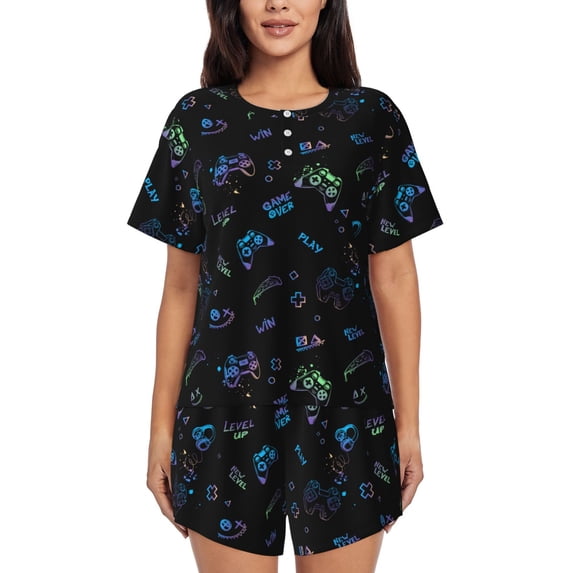 Yiaed Gamepads Print Short Sleeve Pajama Sets for Women Casual Crew Neck 2 Piece Lounge Sets Women's Short-Sleeved Pajama-Small