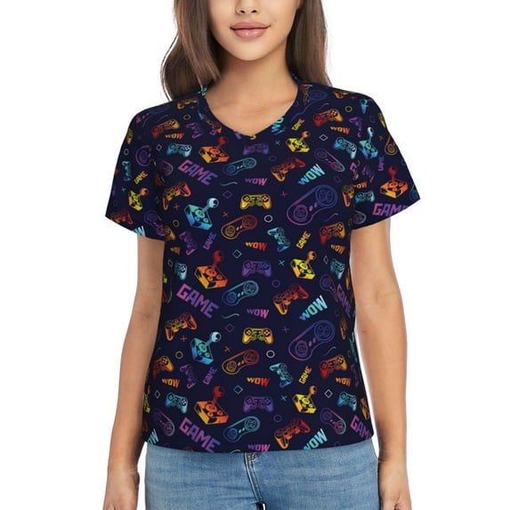 Yiaed Games Print Women's T Shirt V-Neck Short Sleeve Shirt Casual Breathable Tee Summer Tops-Small