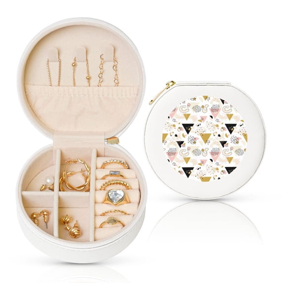 Yiaed Geometric Triangle Print Travel Jewelry Case Bridesmaid Gift Boxes Jewelry Travel Organizer Small Round Jewelry Box Mini Storage-White