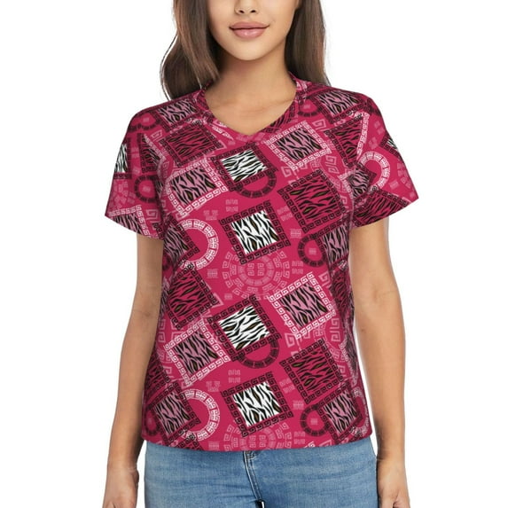 Yiaed Geometry Print Women's T Shirt V-Neck Short Sleeve Shirt Casual Breathable Tee Summer Tops-Small