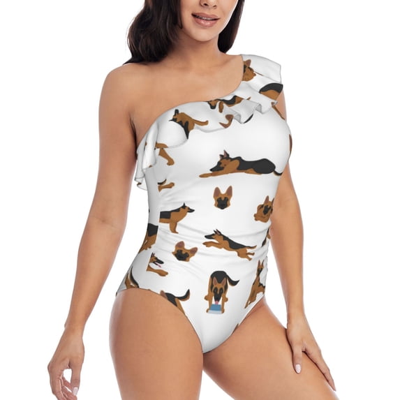 Yiaed German Shepherd Dog Print Women One Piece Swimsuits Tummy Control One Shoulder Bathing Suits Pattern Ruffle Swimwear-XX-Large