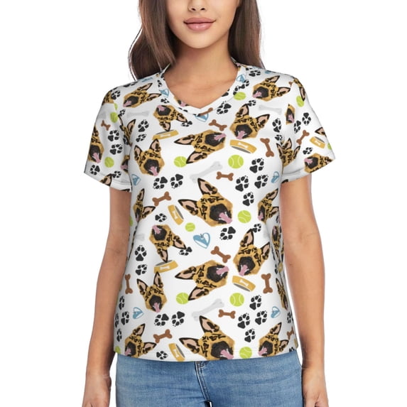 Yiaed German Shepherd Dog Print Women's T Shirt V-Neck Short Sleeve Shirt Casual Breathable Tee Summer Tops-Small
