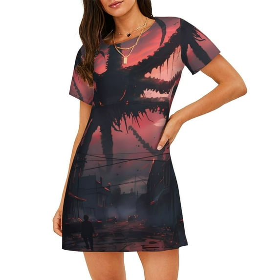 Yiaed Giant Monster Over City Print Women's Loose-Fit Short Sleeve Nightgown, Soft and Comfortable Sleep Dress for Relaxation and Sleepwear