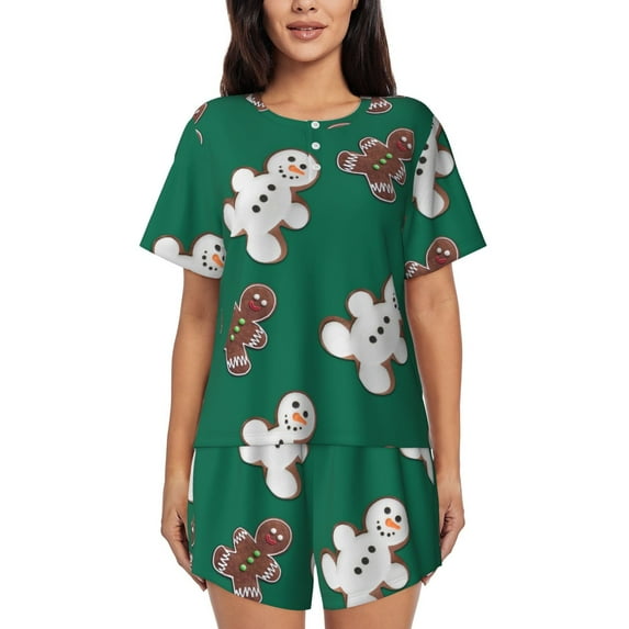 Yiaed Gingerbread Snowman Cookies Print Short Sleeve Pajama Sets for Women Casual Crew Neck 2 Piece Lounge Sets Women's Short-Sleeved Pajama-Large