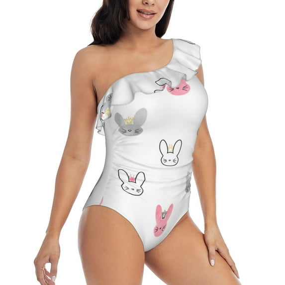 Yiaed Girl Rabbit Print Women One Piece Swimsuits Tummy Control One Shoulder Bathing Suits Pattern Ruffle Swimwear-Small