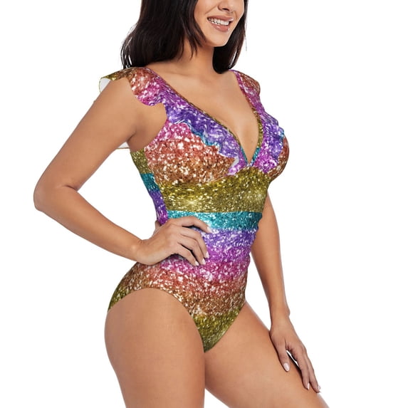 Yiaed Glitter Rainbow Print Women's Ruffled One Piece Swimsuit V Neck Swimwear Slimming Monokini for Woman-X-Large
