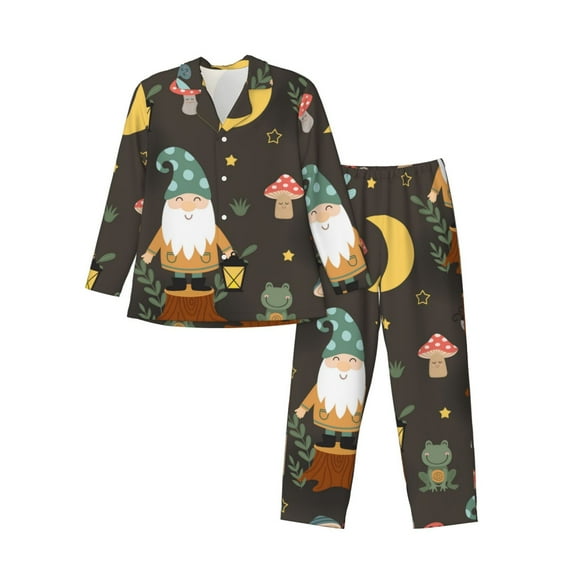 Yiaed Gnome Insect Frog Print Men’s Pajamas Set - Long Sleeve Button Down Sleep Shirt and Pajama Bottoms Sleepwear Set Mens Pjs Sets Men's Pajama Bottoms-Small